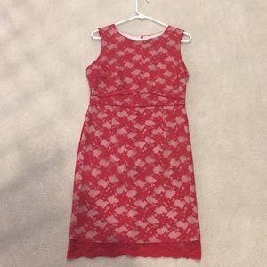 Red and peach lace midi dress